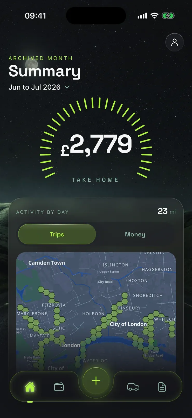 The Takin Summary screen for a Universal Credit month: £2,779 take home in a day ring, and a map of London showing activity by day