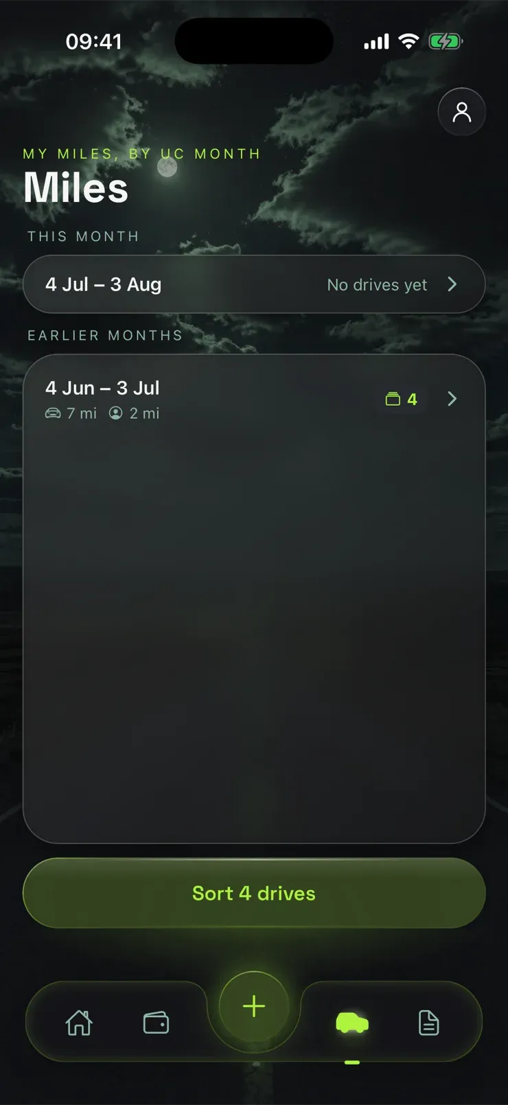 The Takin Miles screen, grouped by Universal Credit month, showing 7 miles by car and 2 on foot for June to July, with four drives to sort
