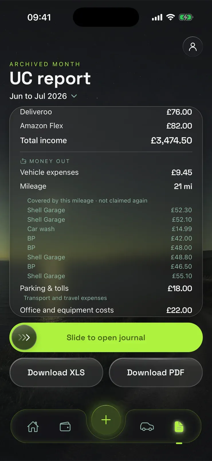 The Takin UC report screen: Deliveroo and Amazon Flex income, £3,474.50 total income, vehicle costs covered by mileage, and Download XLS and PDF buttons