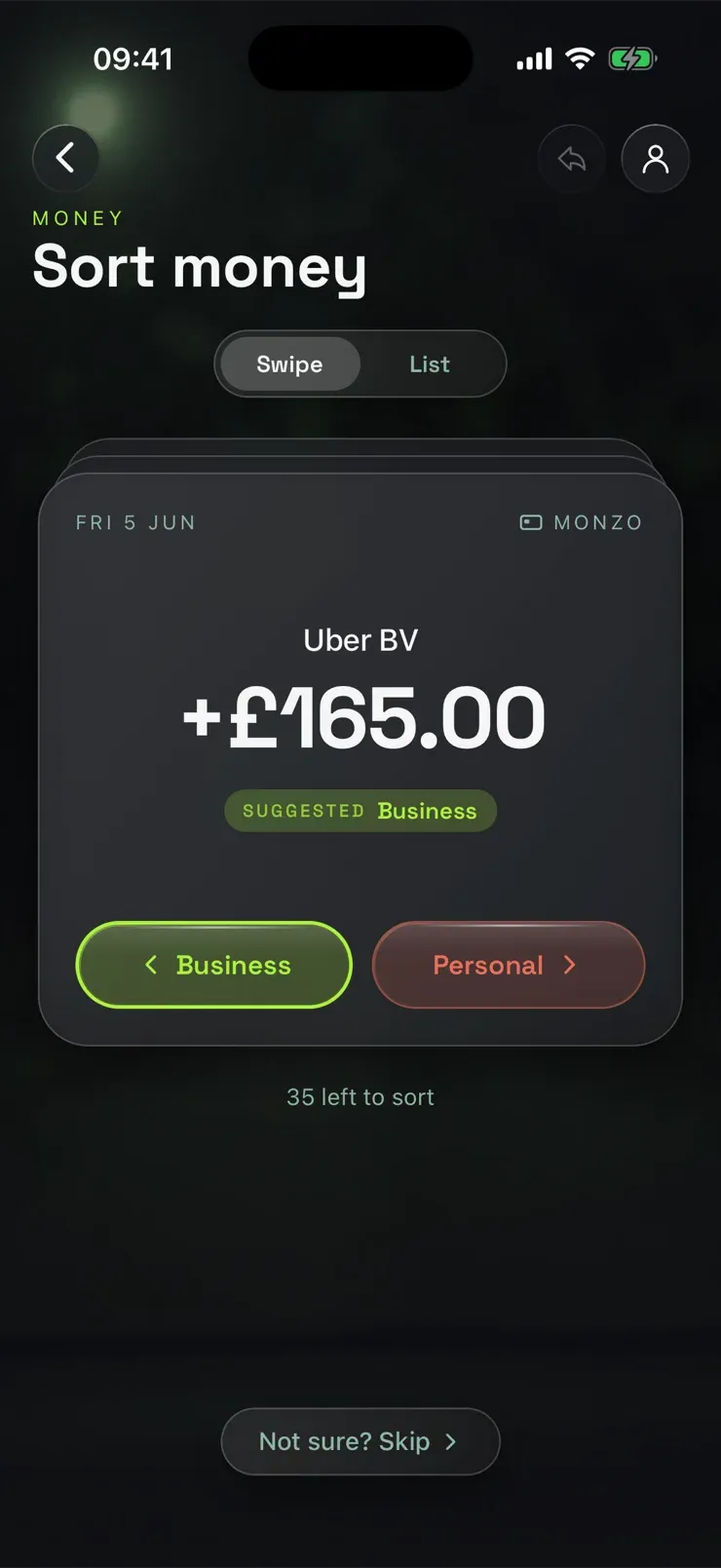 The Takin Sort money screen: an Uber BV payment of £165.00 with Suggested Business on the card, and Business or Personal buttons