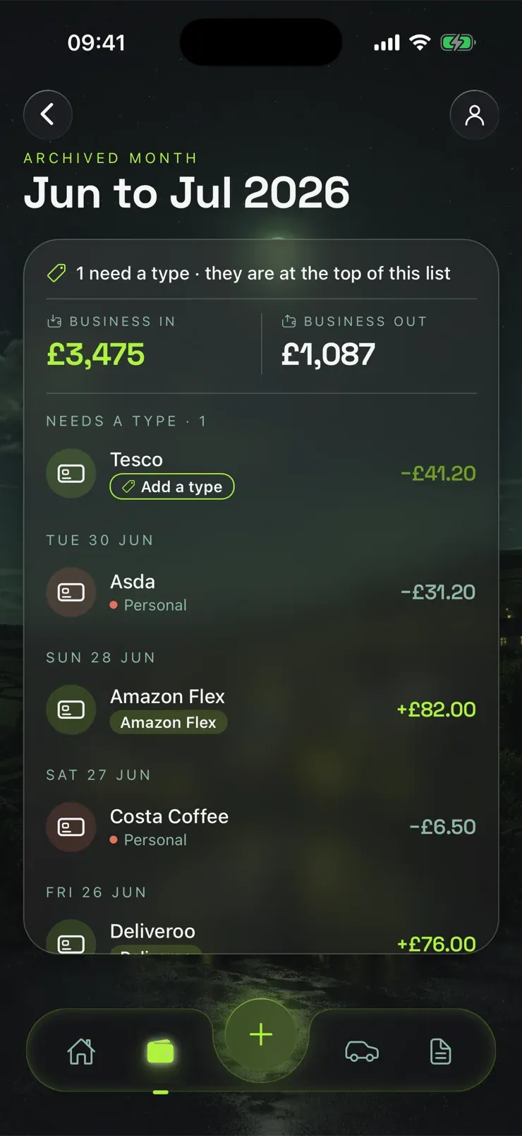 A Takin month of transactions: £3,475 business in and £1,087 business out, with categorised payments from Amazon Flex, Deliveroo, Asda and Costa Coffee, and one Tesco payment still needing a type