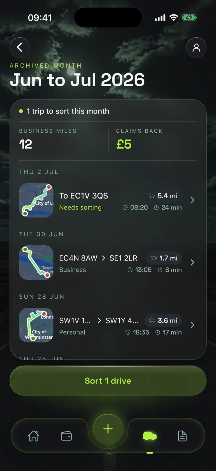 The Takin trips list for a month: one trip to sort, 12 business miles and £5 claims back, each trip with a route map in Needs sorting, Business and Personal states