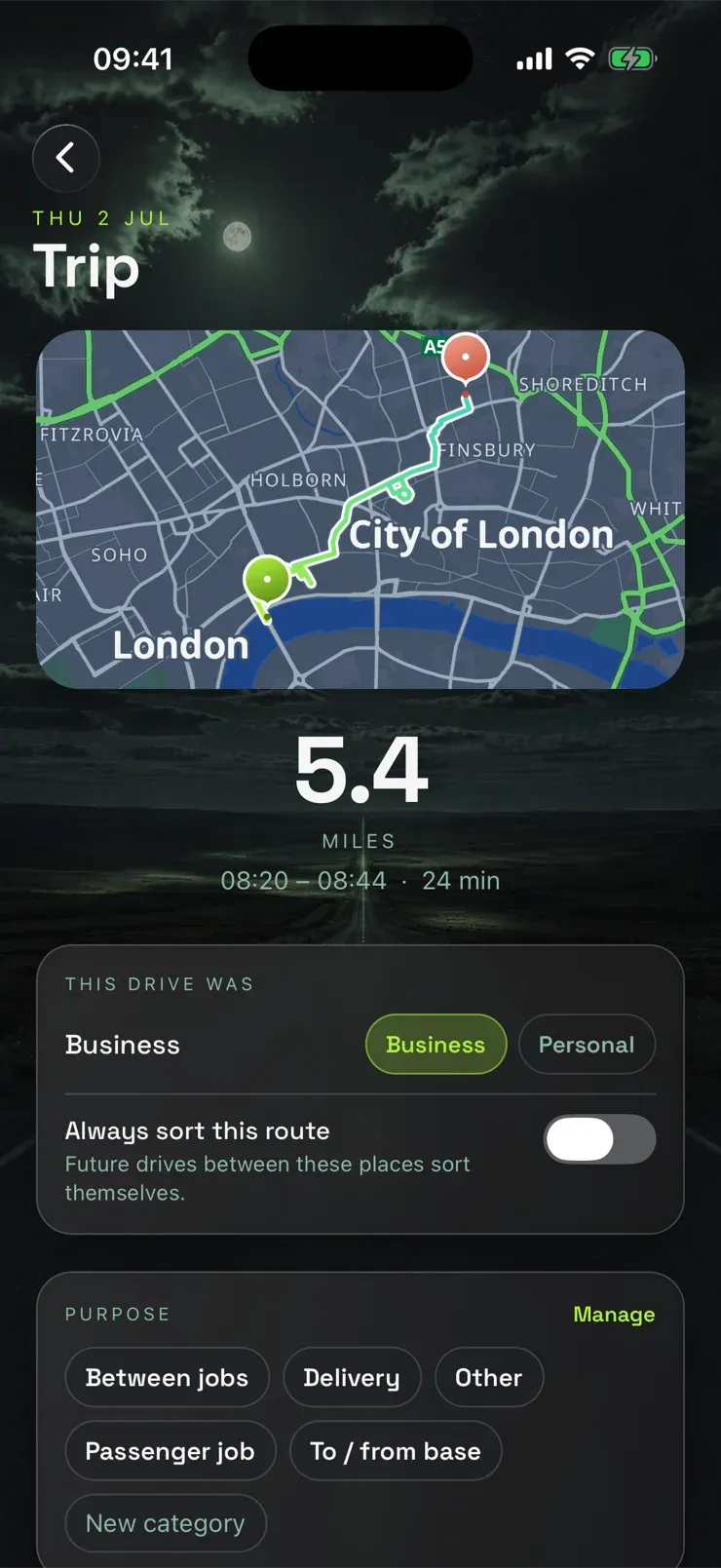 A Takin trip: a 5.4 mile, 24 minute drive across central London on a map, marked Business, with a purpose picker underneath
