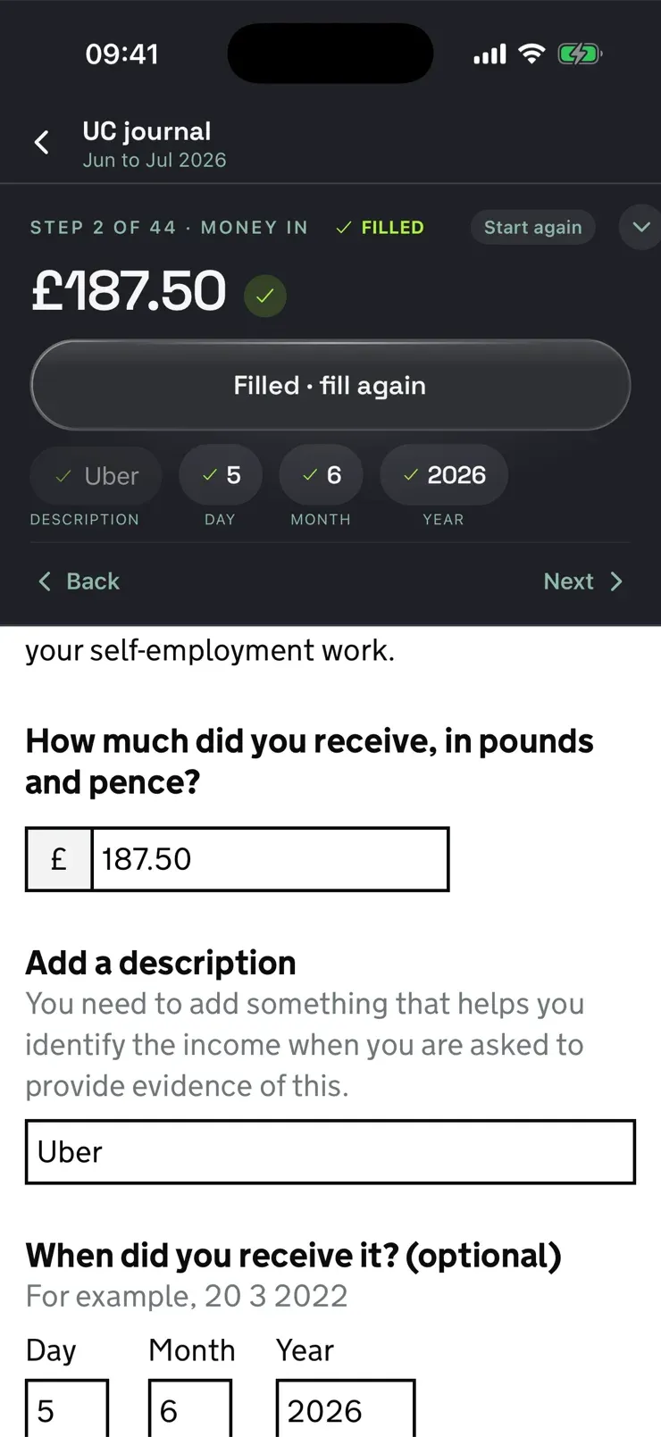 Takin's figures panel above the Universal Credit journal on gov.uk, with the amount, description and date already filled in